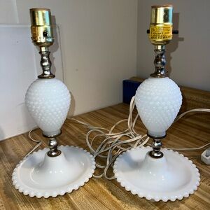 VTG White Milk Glass Hobnail Boudoir Table Electric Lamps Pair 12.25” Tall MCM